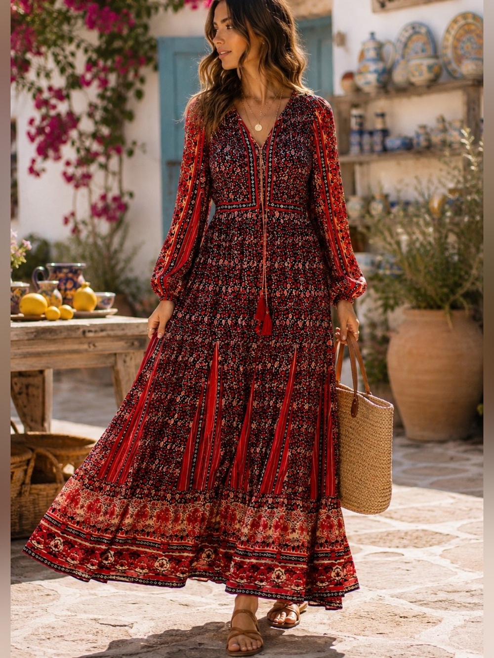 Free People Red Floral Boho Maxi Dress with Tassel Tie